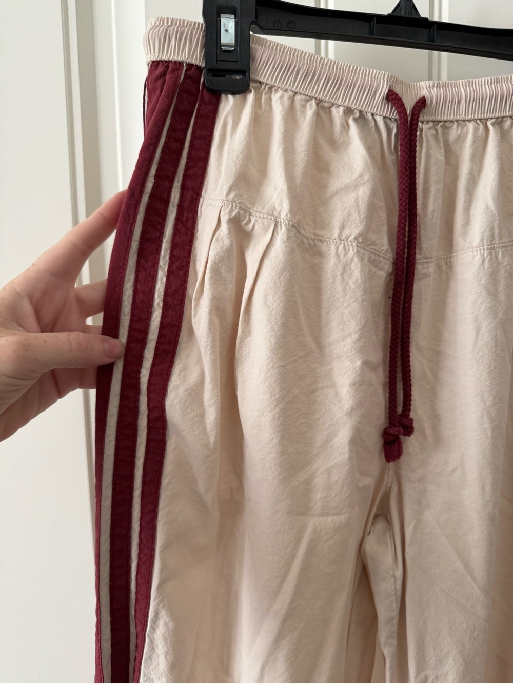 REWASH beige Drawstring Track Pants with Burgundy Side Stripes